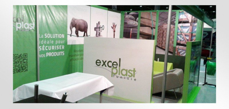 Habillage stand Excel Plast Tunisie lors du CAT 2014, a été pris en charge par notre agence sur les plans suivants :